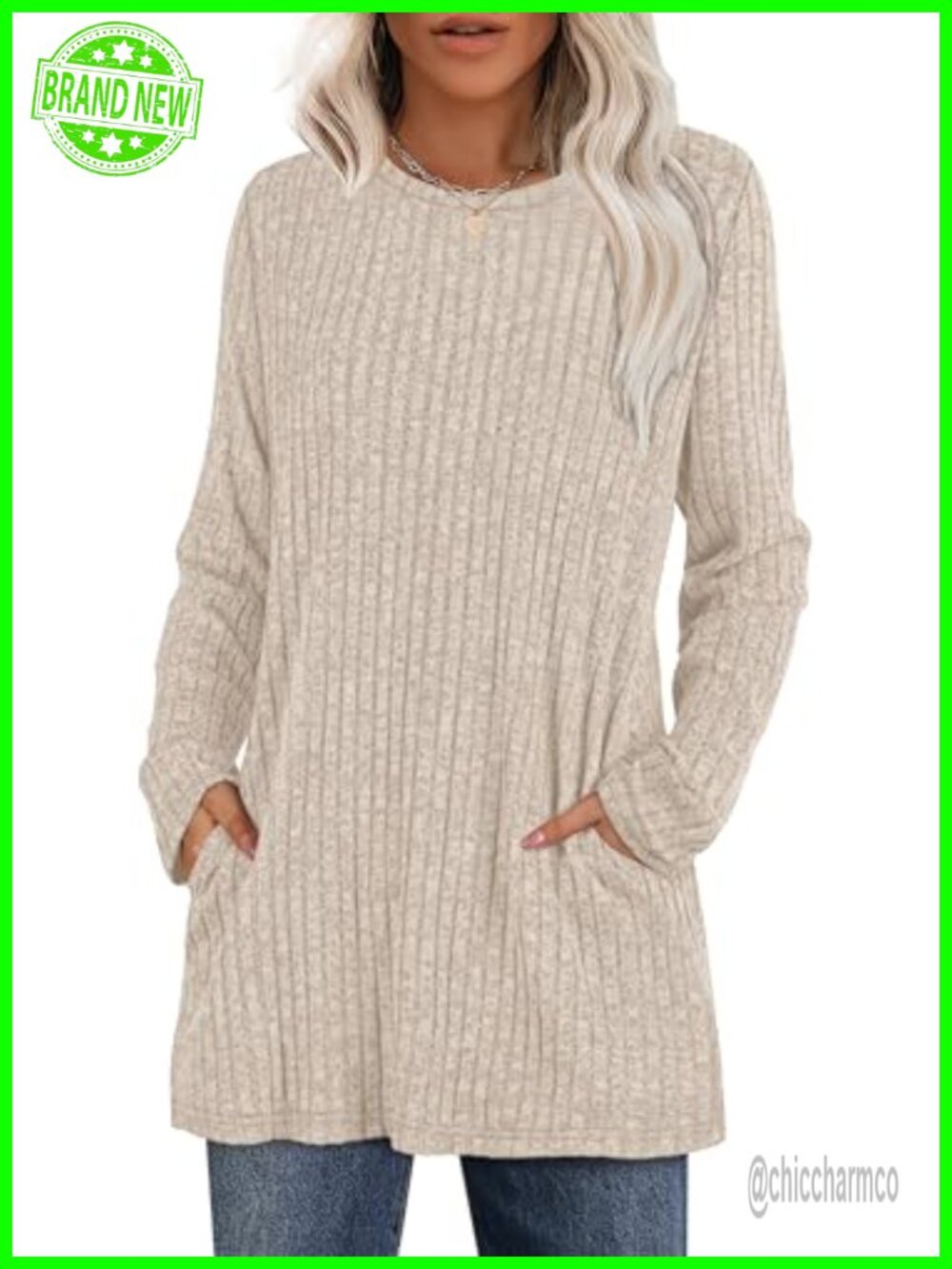 Womens Long Sleeve Crewneck Tunic Top with Pockets Loose Fit Sweater